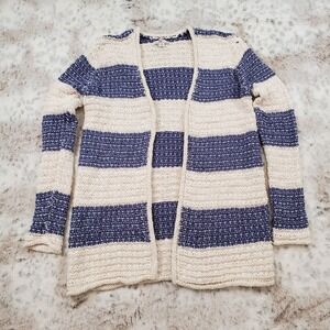 LL Bean Signature Womens Size XXS Striped Open Tunic Cardigan Knit Blue White